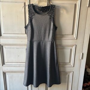 Elegant Gray Herringbone with Lace Trim Dress